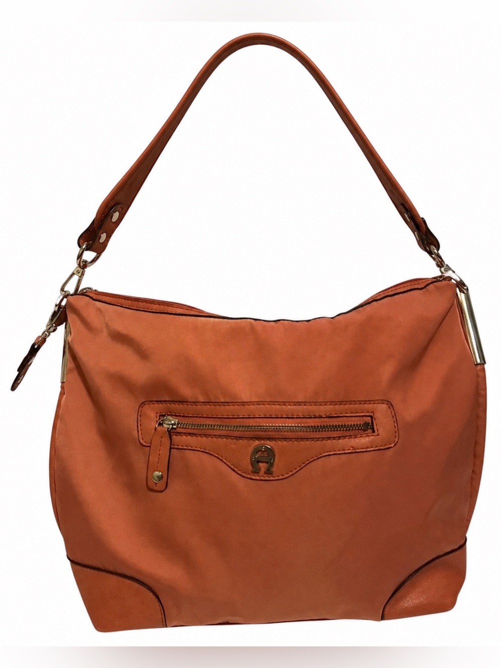 Etienne Aigner Coral Nylon Hobo Shoulder Bag Double Strap Zip Top Large